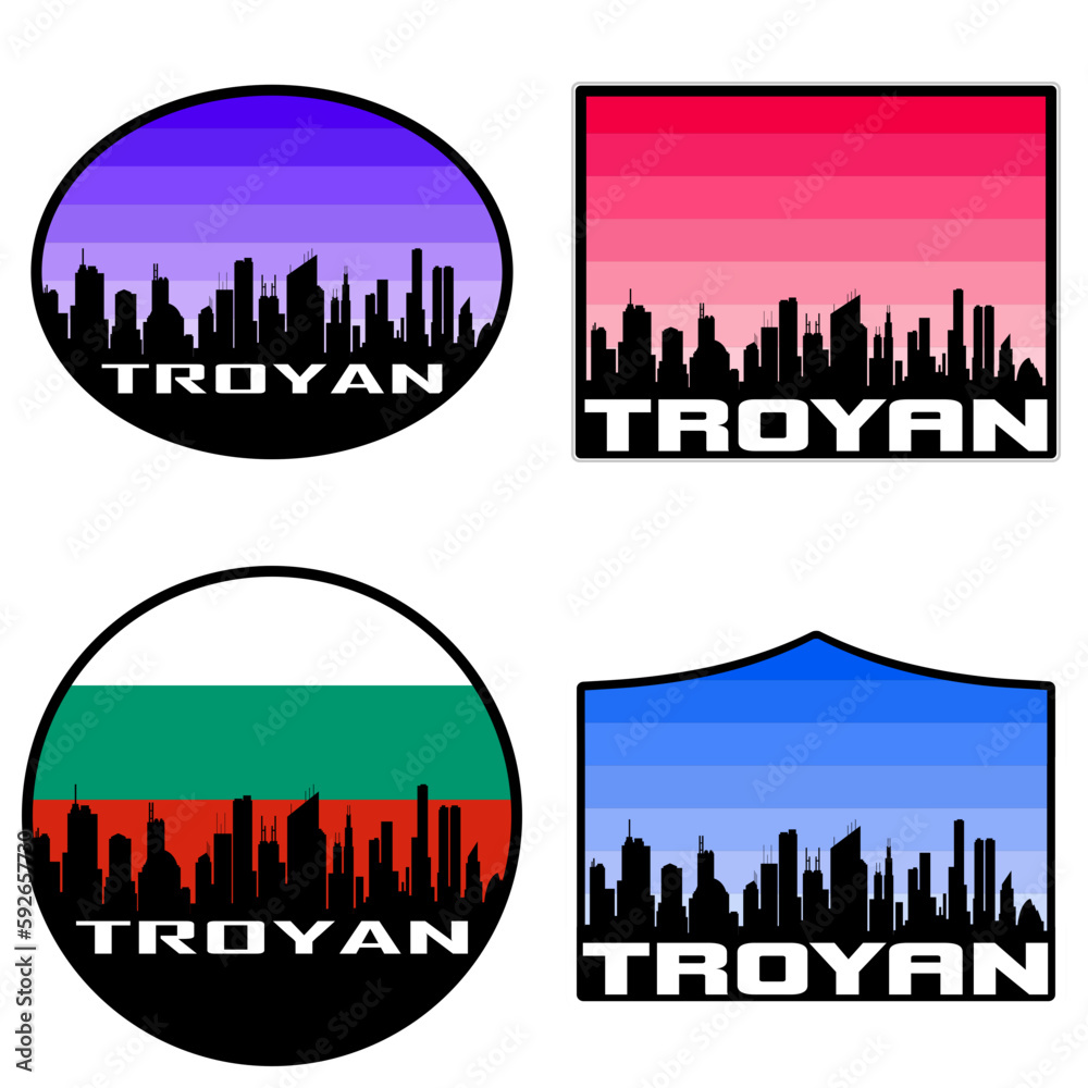 Troyan Skyline Silhouette Bulgaria Flag Travel Souvenir Sticker Sunset Background Vector Illustration SVG EPS AI