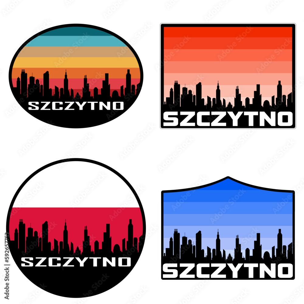 Szczytno Skyline Silhouette Poland Flag Travel Souvenir Sticker Sunset Background Vector Illustration SVG EPS AI