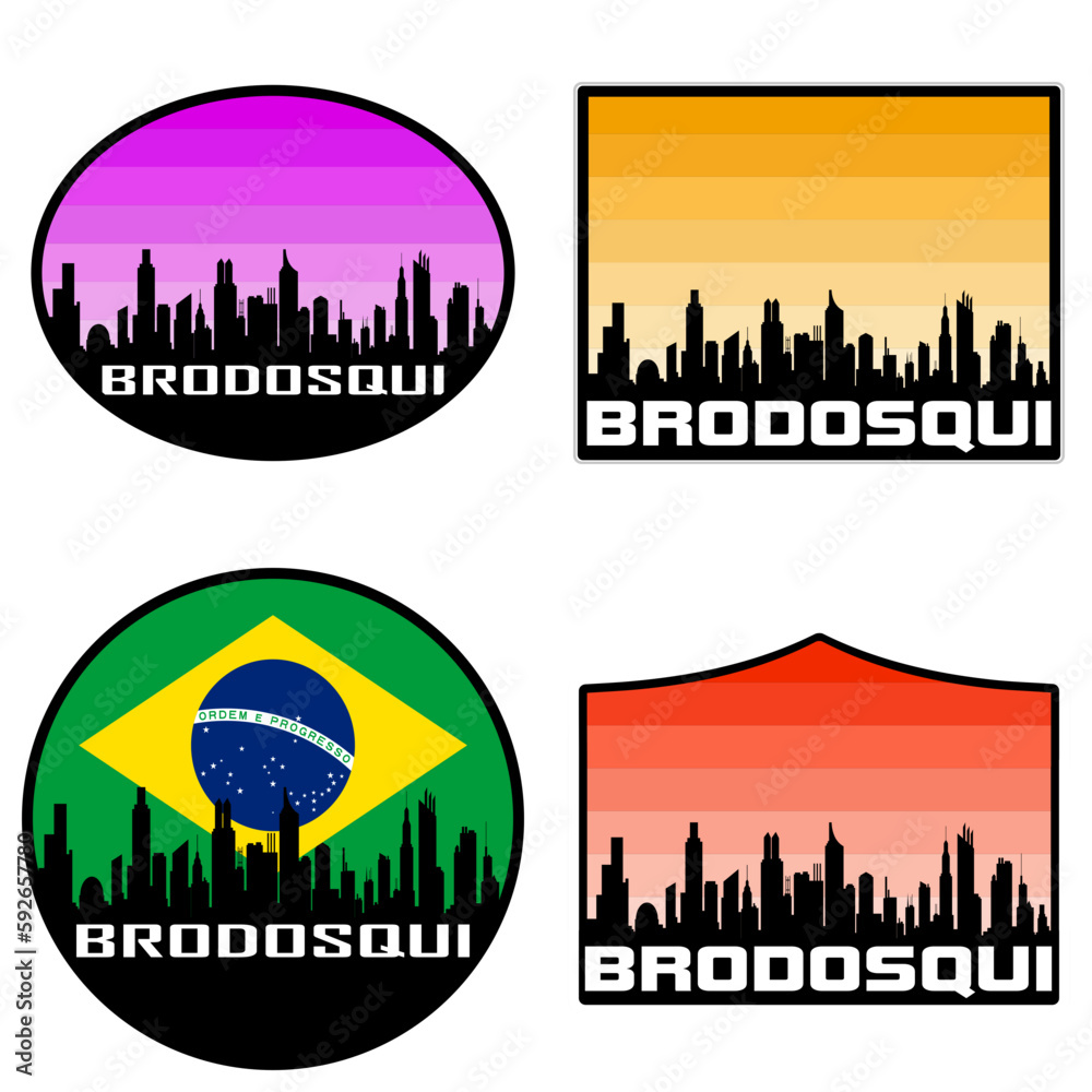 Brodosqui Skyline Silhouette Brazil Flag Travel Souvenir Sticker Sunset Background Vector Illustration SVG EPS AI