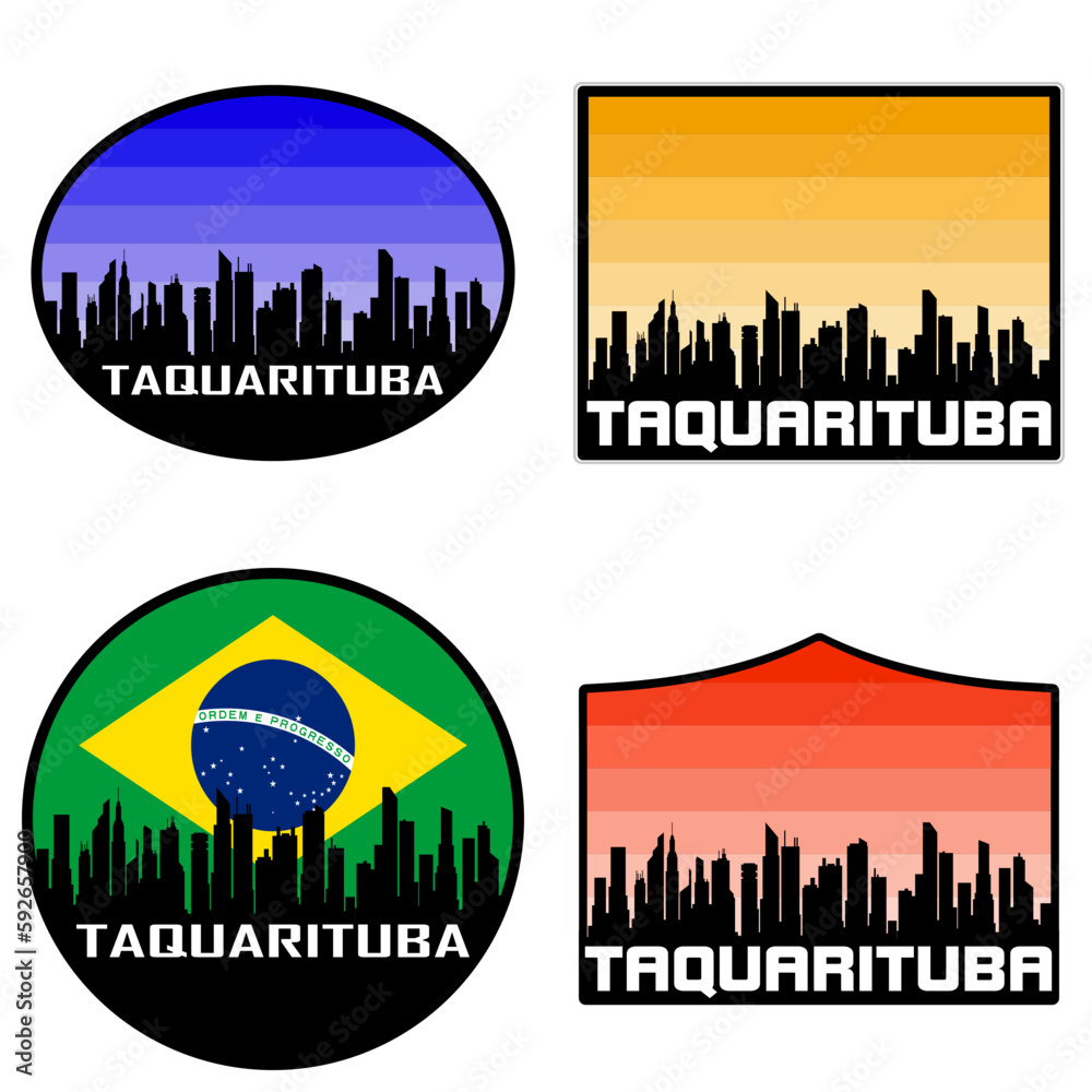 Taquarituba Skyline Silhouette Brazil Flag Travel Souvenir Sticker Sunset Background Vector Illustration SVG EPS AI