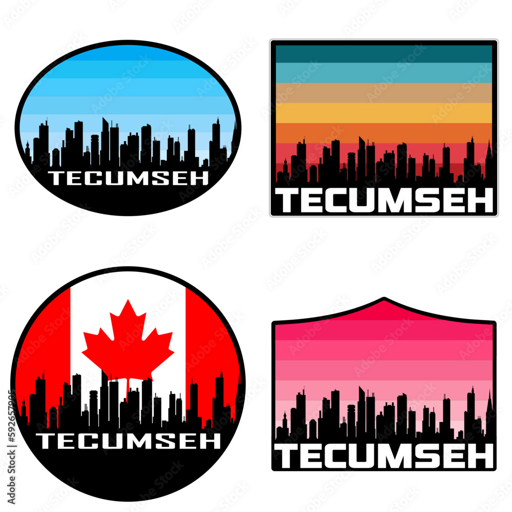 Tecumseh Skyline Silhouette Canada Flag Travel Souvenir Sticker Sunset Background Vector Illustration SVG EPS AI