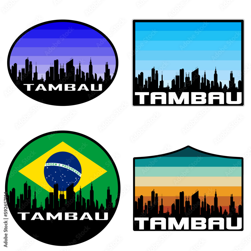 Tambau Skyline Silhouette Brazil Flag Travel Souvenir Sticker Sunset Background Vector Illustration SVG EPS AI
