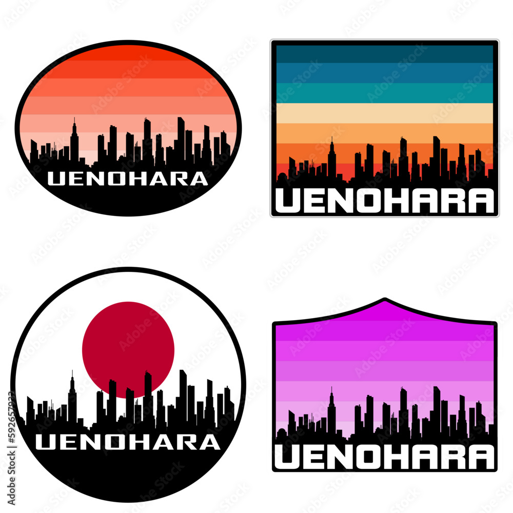 Uenohara Skyline Silhouette Japan Flag Travel Souvenir Sticker Sunset Background Vector Illustration SVG EPS AI