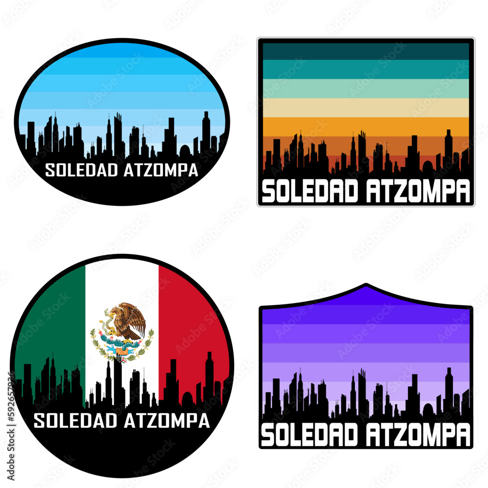 Soledad Atzompa Skyline Silhouette Mexico Flag Travel Souvenir Sticker Sunset Background Vector Illustration SVG EPS AI