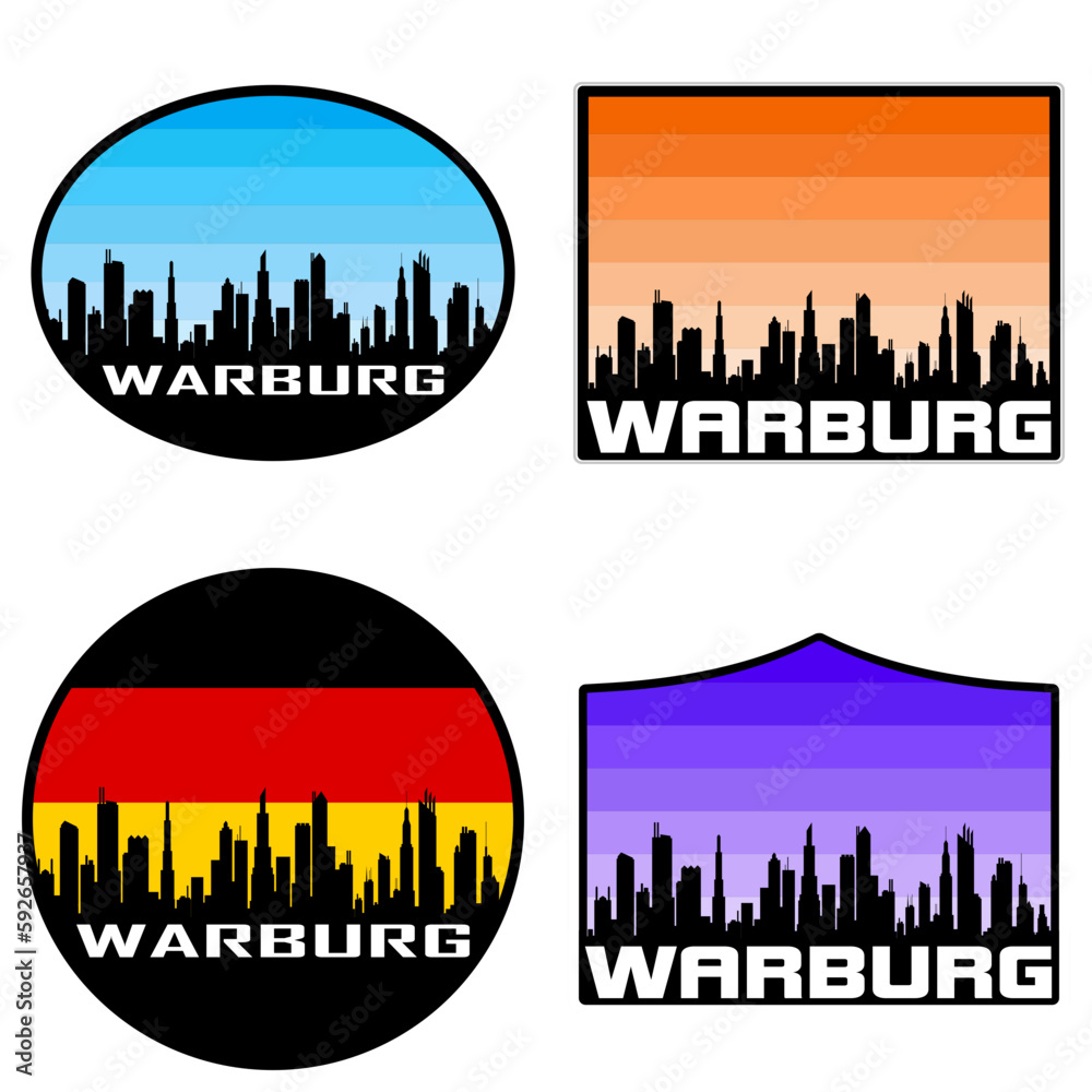 Warburg Skyline Silhouette Germany Flag Travel Souvenir Sticker Sunset Background Vector Illustration SVG EPS AI