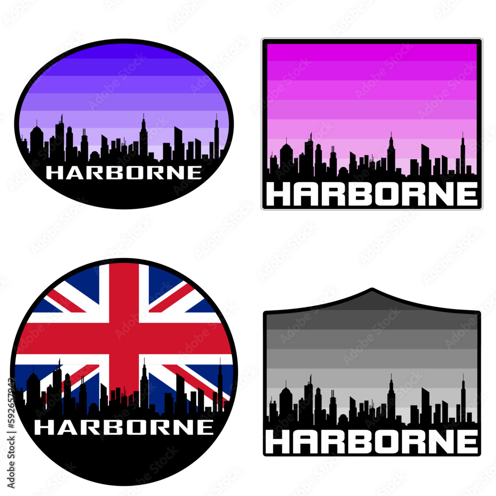Harborne Skyline Silhouette Uk Flag Travel Souvenir Sticker Sunset Background Vector Illustration SVG EPS AI
