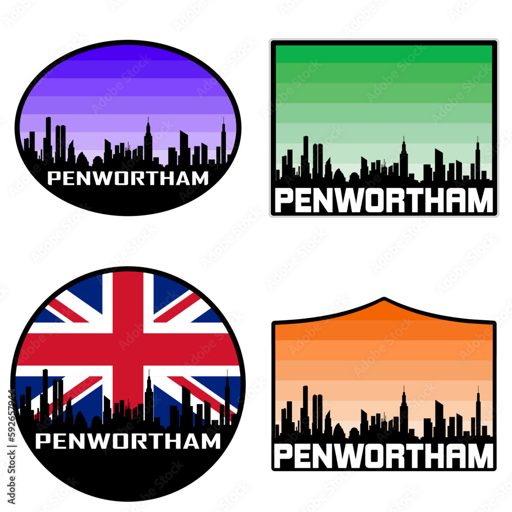 Penwortham Skyline Silhouette Uk Flag Travel Souvenir Sticker Sunset Background Vector Illustration SVG EPS AI