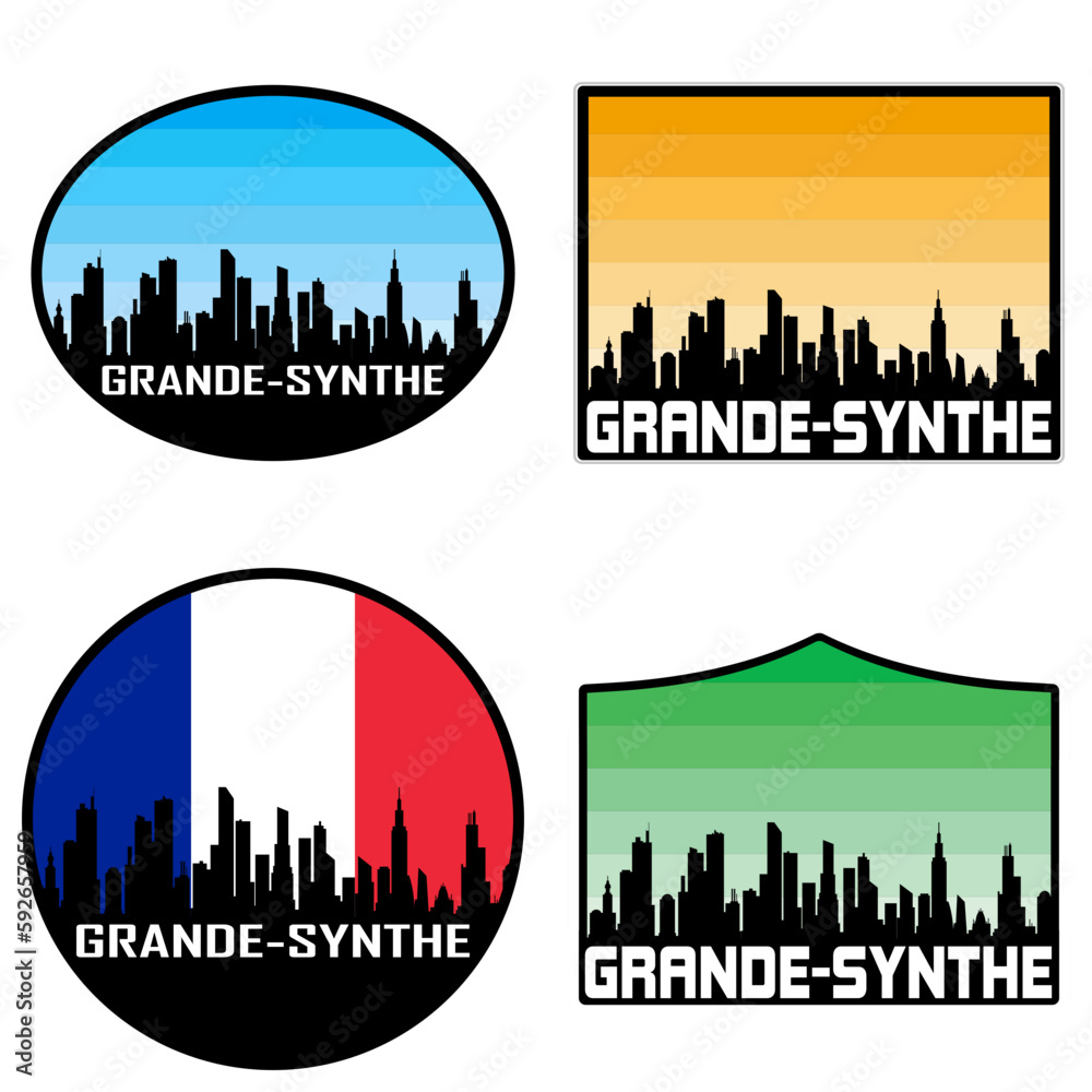 Grande Synthe Skyline Silhouette France Flag Travel Souvenir Sticker Sunset Background Vector Illustration SVG EPS AI