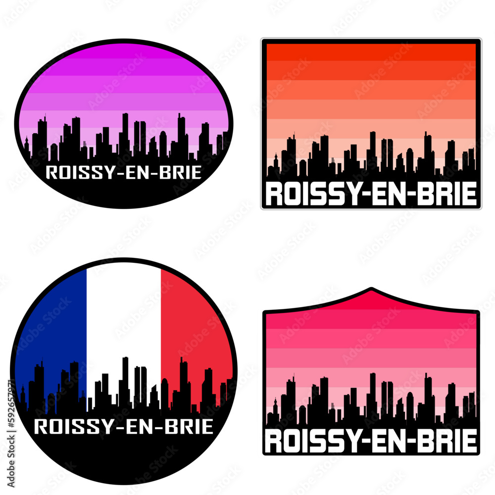 Roissy en Brie Skyline Silhouette France Flag Travel Souvenir Sticker Sunset Background Vector Illustration SVG EPS AI