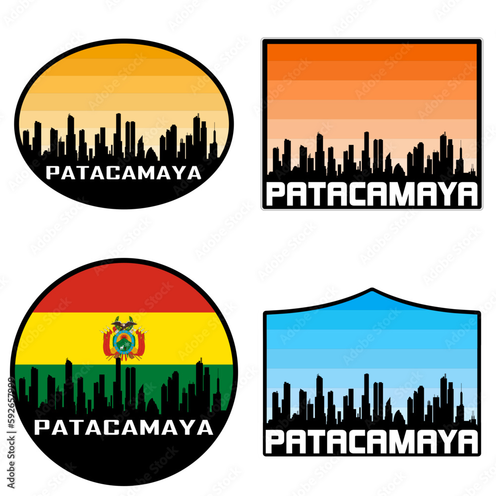 Patacamaya Skyline Silhouette Bolivia Flag Travel Souvenir Sticker Sunset Background Vector Illustration SVG EPS AI