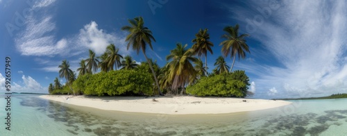 tropical paradise beach with white sand and coco palms travel tourism wide panorama background concept. Generative Ai.