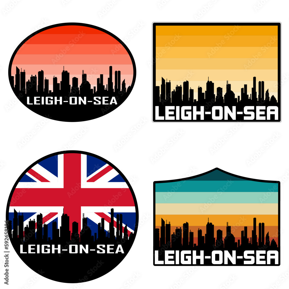 Leigh on Sea Skyline Silhouette Uk Flag Travel Souvenir Sticker Sunset Background Vector Illustration SVG EPS AI