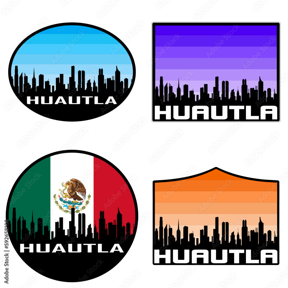 Huautla Skyline Silhouette Mexico Flag Travel Souvenir Sticker Sunset Background Vector Illustration SVG EPS AI