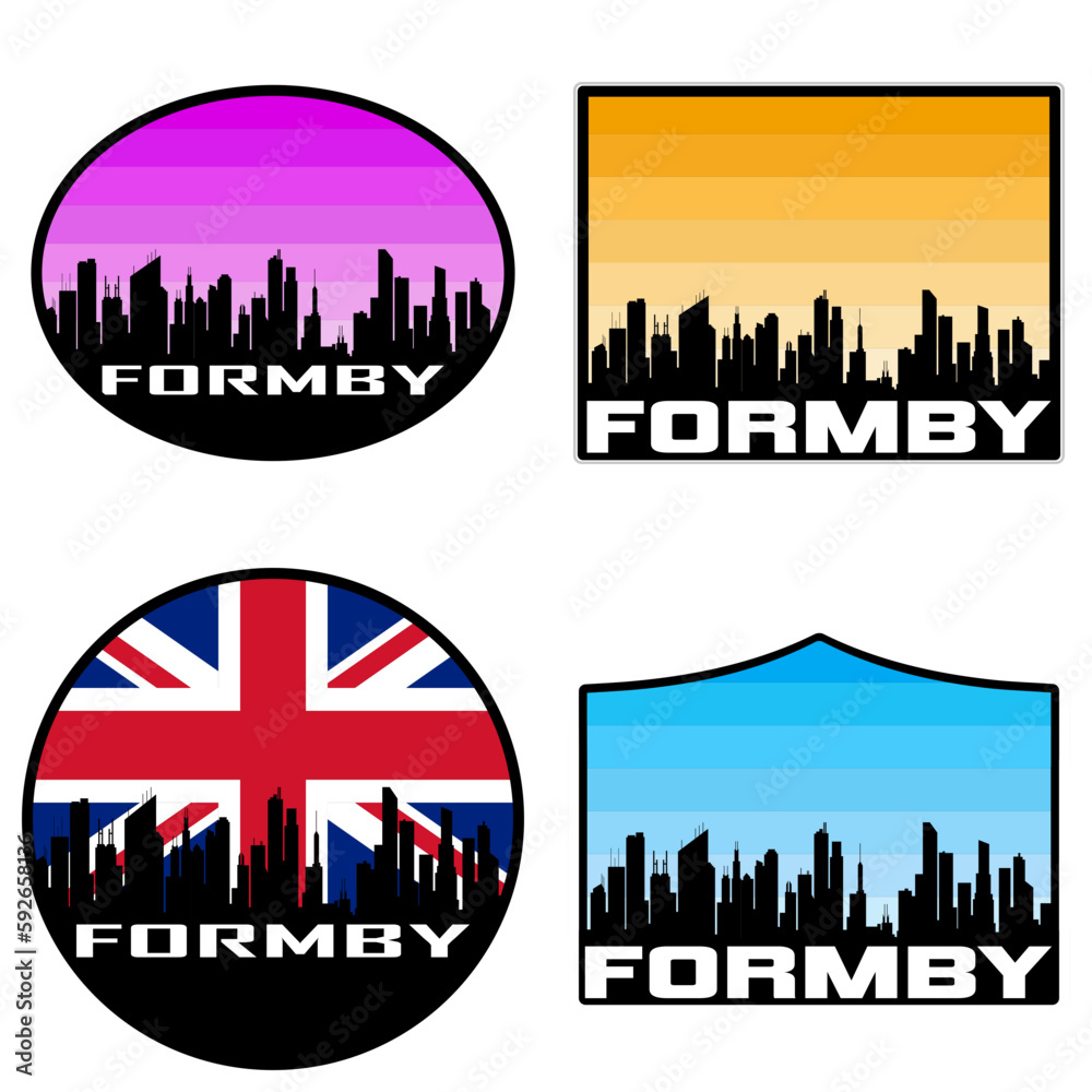 Formby Skyline Silhouette Uk Flag Travel Souvenir Sticker Sunset Background Vector Illustration SVG EPS AI