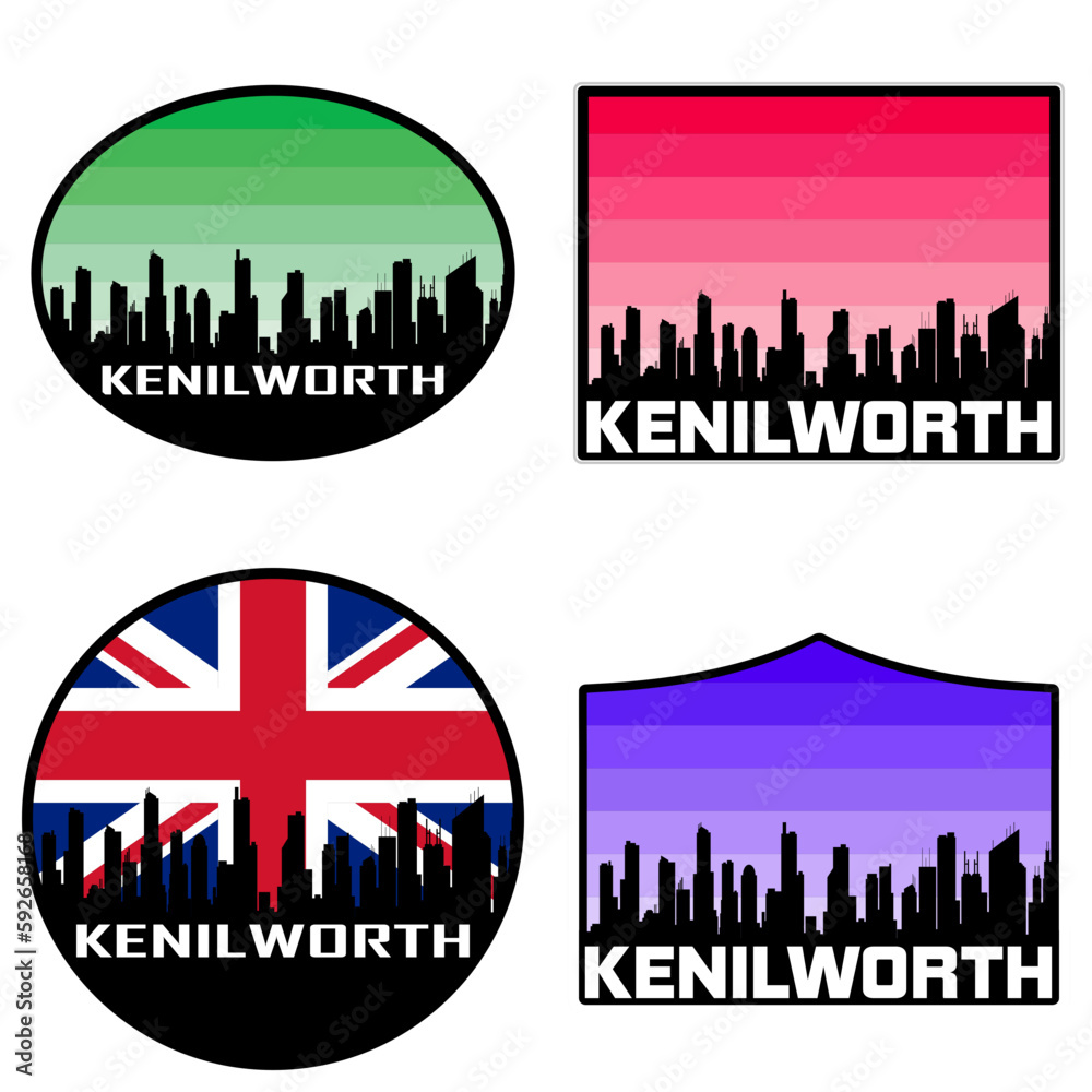 Kenilworth Skyline Silhouette Uk Flag Travel Souvenir Sticker Sunset Background Vector Illustration SVG EPS AI