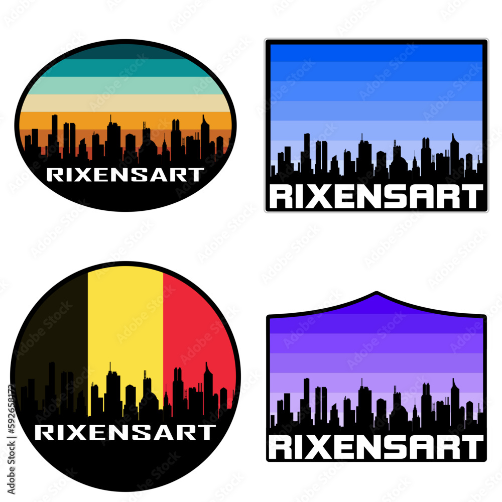 Rixensart Skyline Silhouette Belgium Flag Travel Souvenir Sticker Sunset Background Vector Illustration SVG EPS AI
