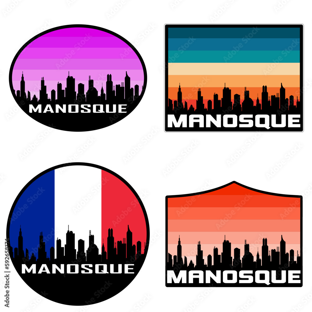 Manosque Skyline Silhouette France Flag Travel Souvenir Sticker Sunset Background Vector Illustration SVG EPS AI