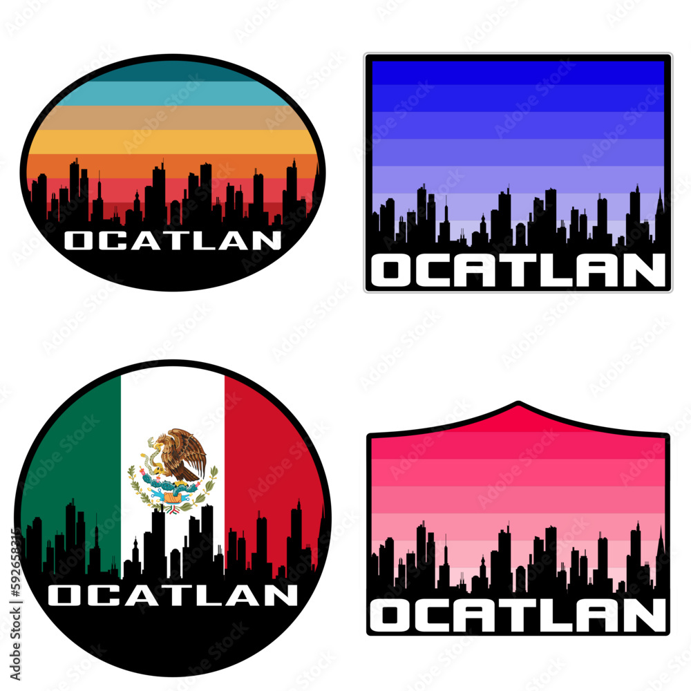 Ocatlan Skyline Silhouette Mexico Flag Travel Souvenir Sticker Sunset Background Vector Illustration SVG EPS AI