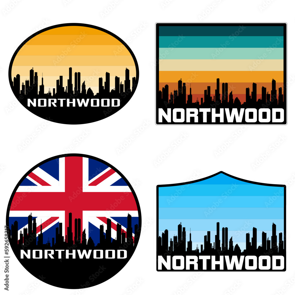 Northwood Skyline Silhouette Uk Flag Travel Souvenir Sticker Sunset Background Vector Illustration SVG EPS AI