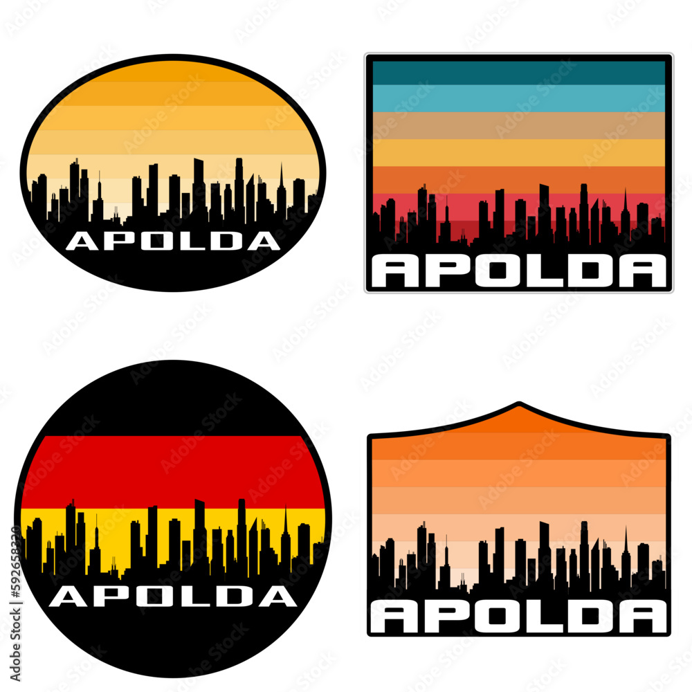 Apolda Skyline Silhouette Germany Flag Travel Souvenir Sticker Sunset Background Vector Illustration SVG EPS AI