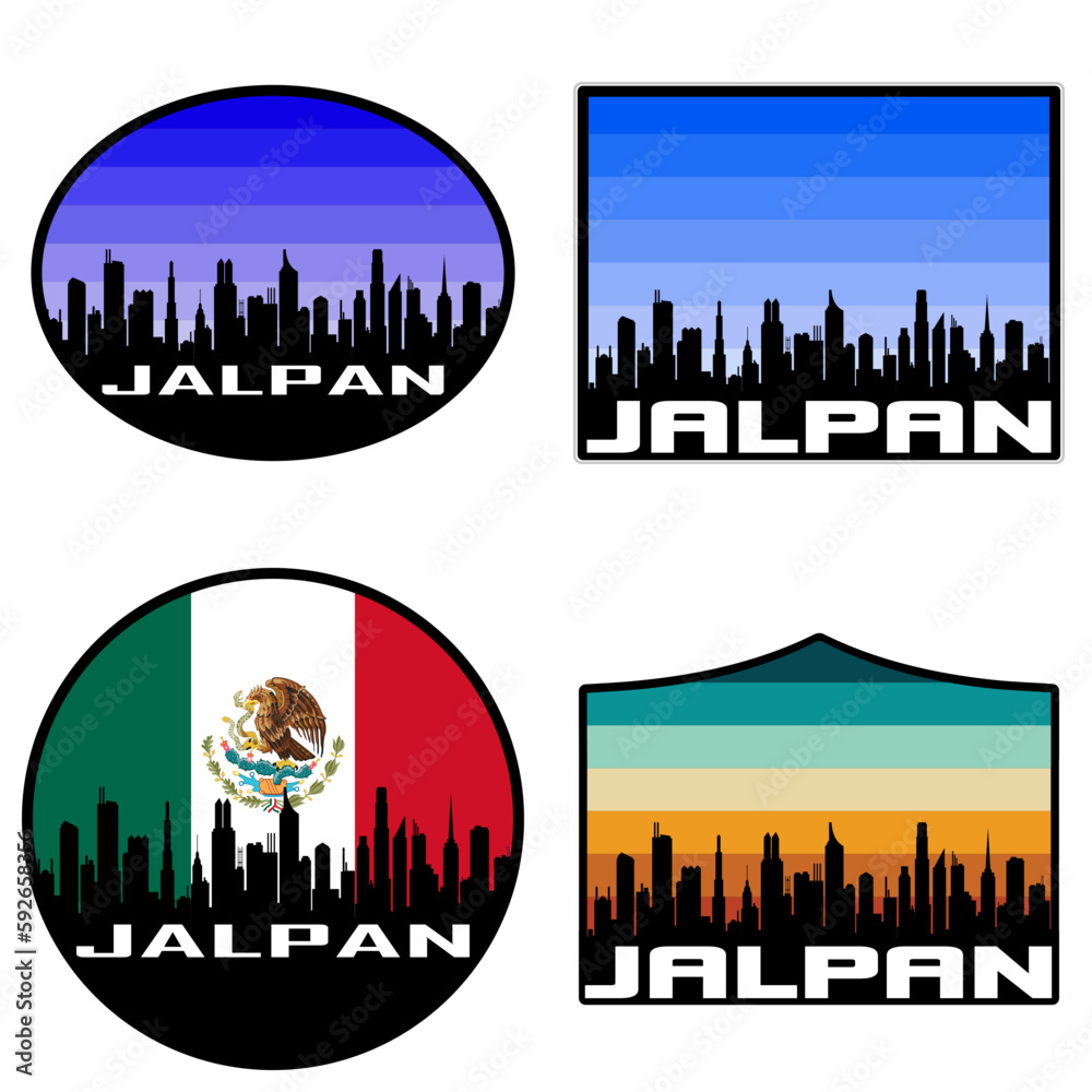 Jalpan Skyline Silhouette Mexico Flag Travel Souvenir Sticker Sunset Background Vector Illustration SVG EPS AI