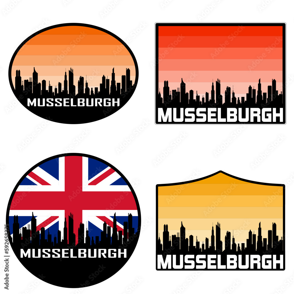 Musselburgh Skyline Silhouette Uk Flag Travel Souvenir Sticker Sunset Background Vector Illustration SVG EPS AI