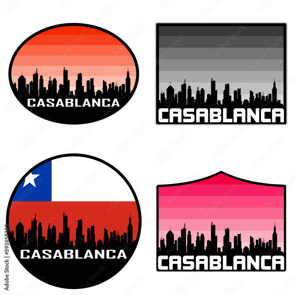 Casablanca Skyline Silhouette Chile Flag Travel Souvenir Sticker Sunset Background Vector Illustration SVG EPS AI