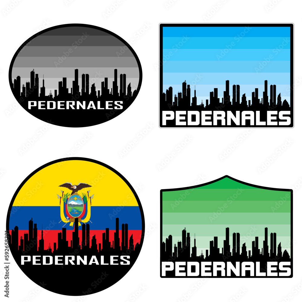 Pedernales Skyline Silhouette Ecuador Flag Travel Souvenir Sticker Sunset Background Vector Illustration SVG EPS AI