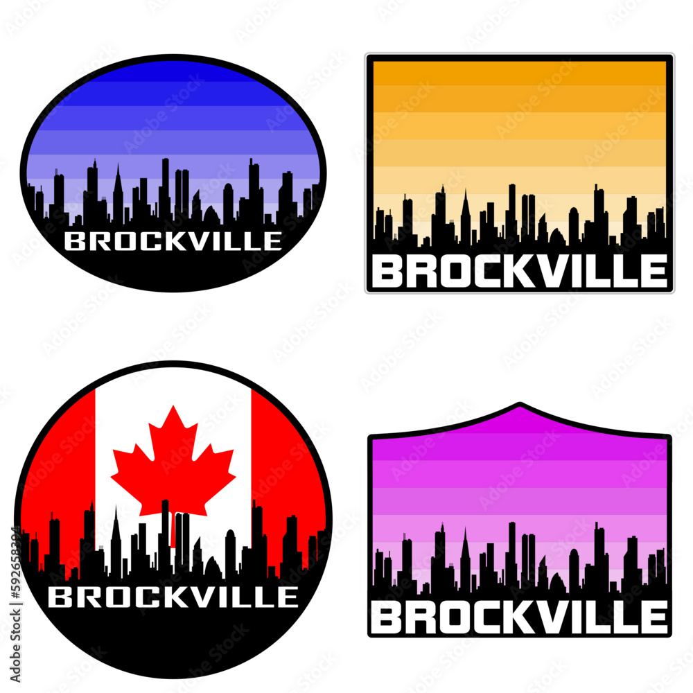 Brockville Skyline Silhouette Canada Flag Travel Souvenir Sticker Sunset Background Vector Illustration SVG EPS AI