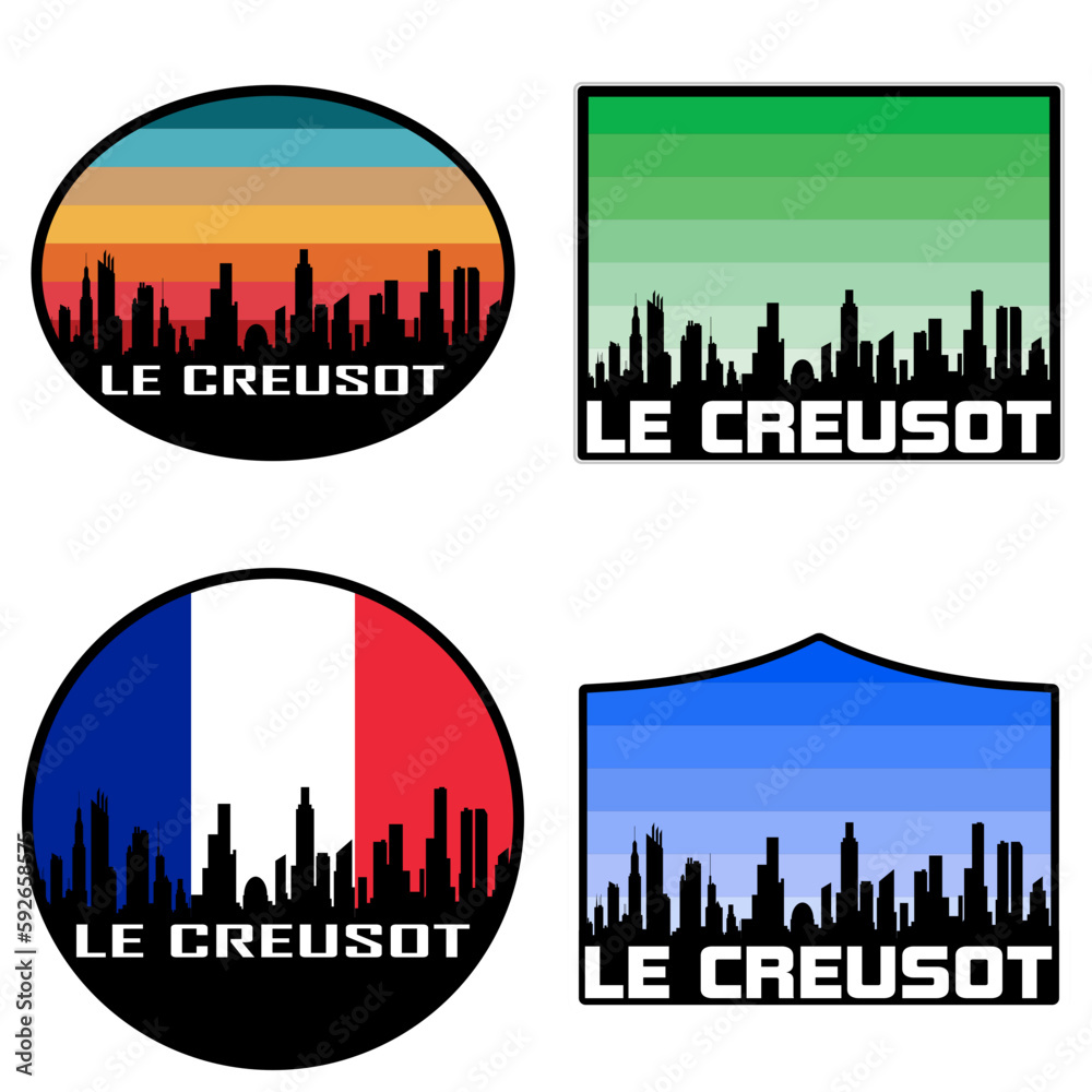 Le Creusot Skyline Silhouette France Flag Travel Souvenir Sticker Sunset Background Vector Illustration SVG EPS AI