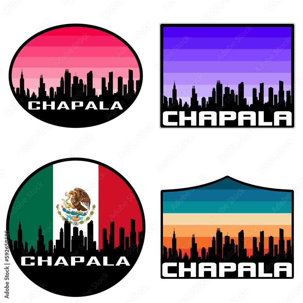 Chapala Skyline Silhouette Mexico Flag Travel Souvenir Sticker Sunset Background Vector Illustration SVG EPS AI