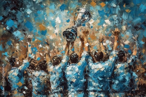 Winning championship of Napoli soccer football club, scudetto celebrating team, fans crowd of supporters illustration generative ai photo