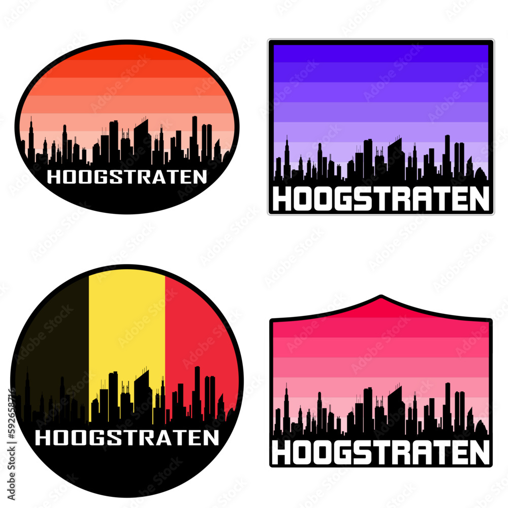 Hoogstraten Skyline Silhouette Belgium Flag Travel Souvenir Sticker Sunset Background Vector Illustration SVG EPS AI