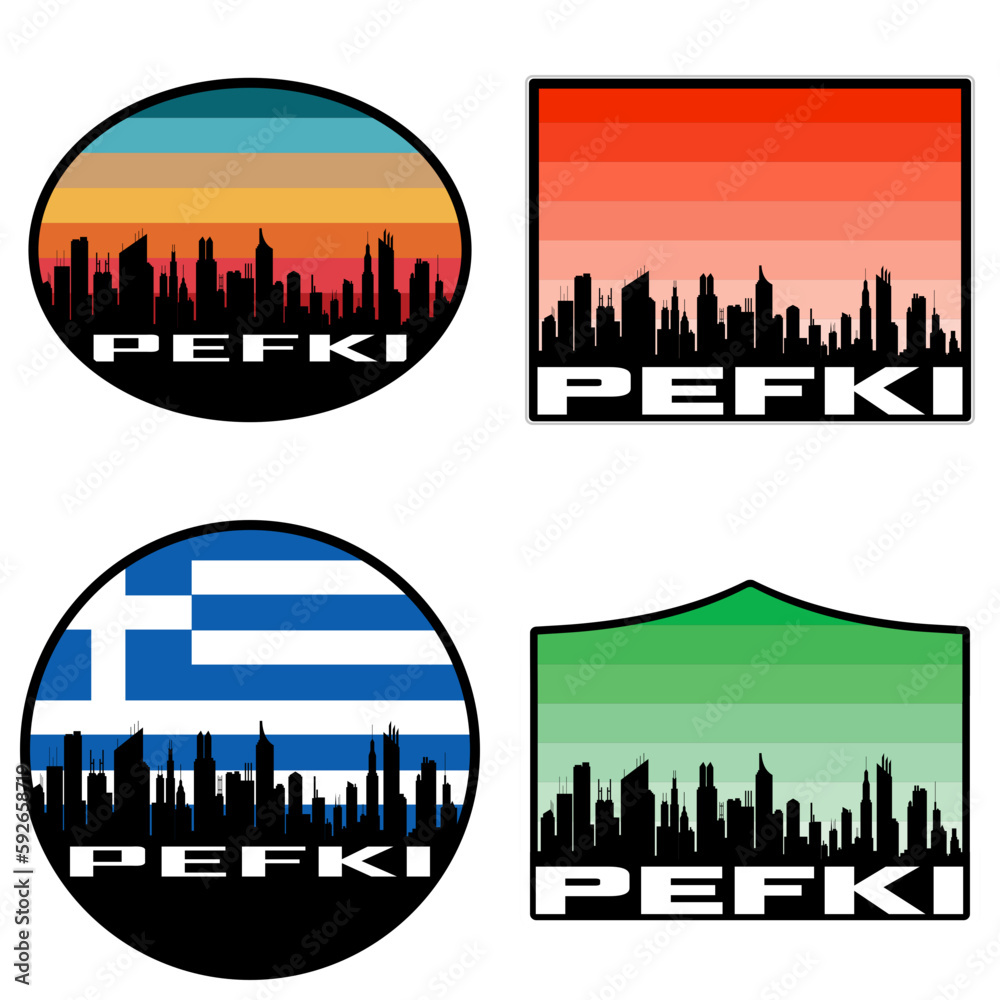 Pefki Skyline Silhouette Greece Flag Travel Souvenir Sticker Sunset Background Vector Illustration SVG EPS AI