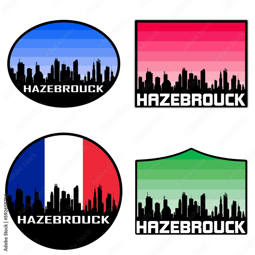 Hazebrouck Skyline Silhouette France Flag Travel Souvenir Sticker Sunset Background Vector Illustration SVG EPS AI