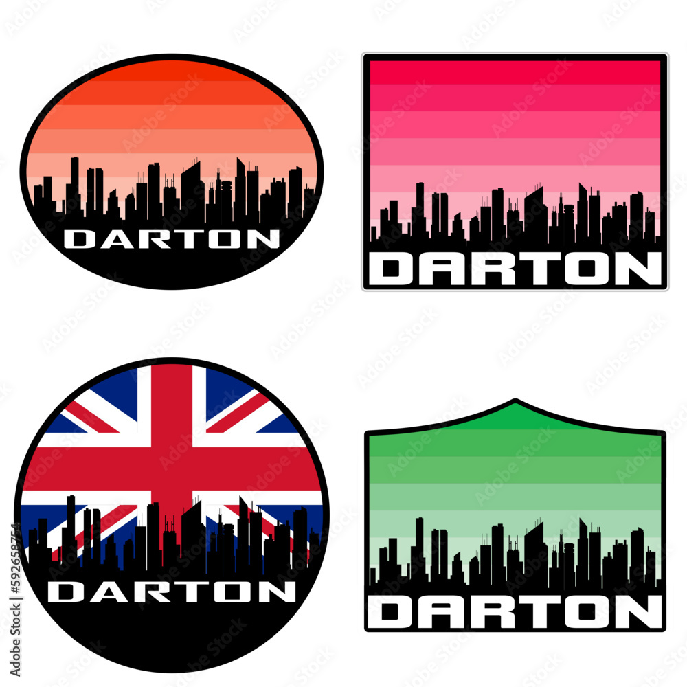 Darton Skyline Silhouette Uk Flag Travel Souvenir Sticker Sunset Background Vector Illustration SVG EPS AI