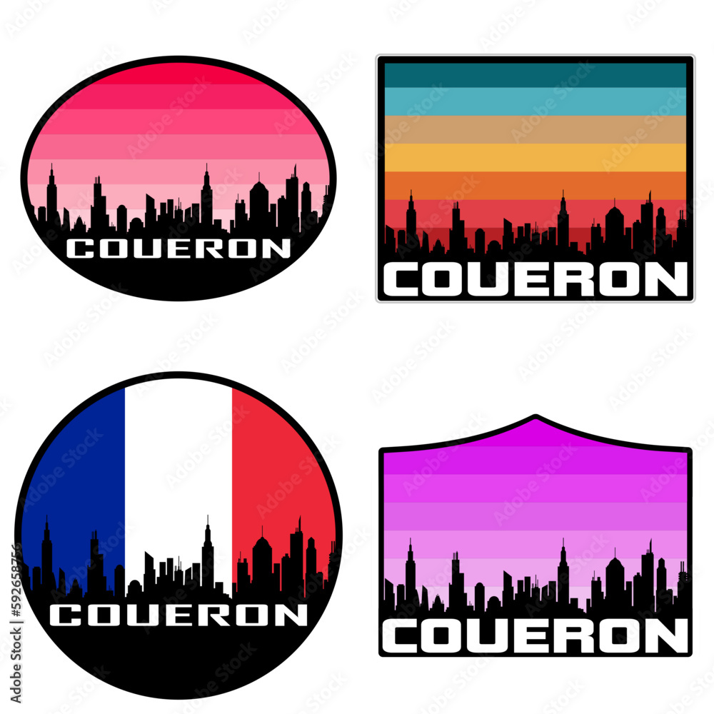 Coueron Skyline Silhouette France Flag Travel Souvenir Sticker Sunset Background Vector Illustration SVG EPS AI