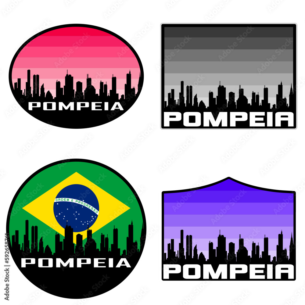 Pompeia Skyline Silhouette Brazil Flag Travel Souvenir Sticker Sunset Background Vector Illustration SVG EPS AI