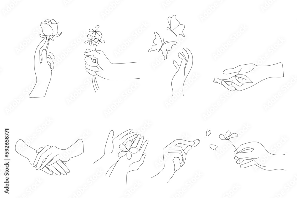 Hands in various gestures. Line art collection isolated on white background. Hand-drawn, Vector Illustration.