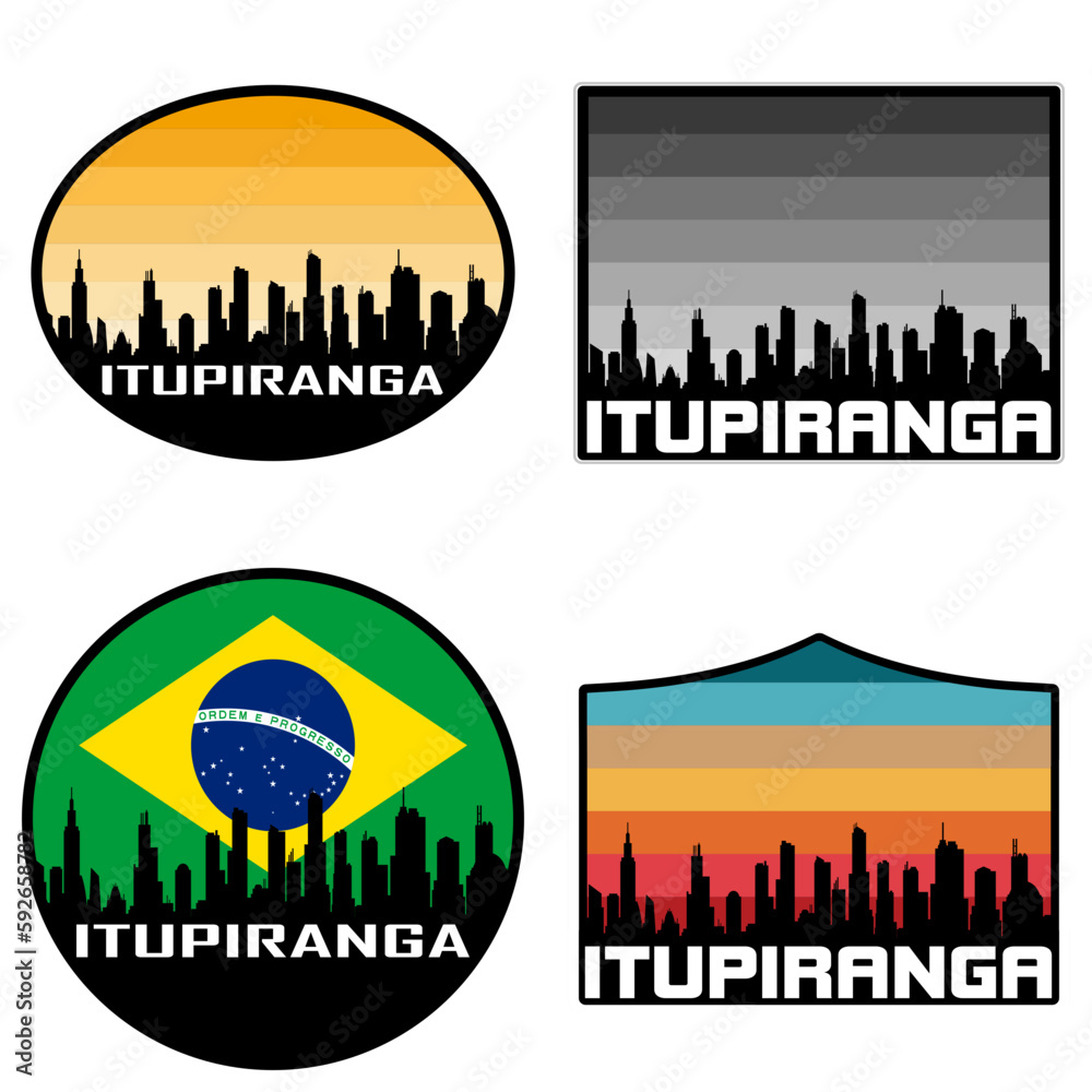 Itupiranga Skyline Silhouette Brazil Flag Travel Souvenir Sticker Sunset Background Vector Illustration SVG EPS AI