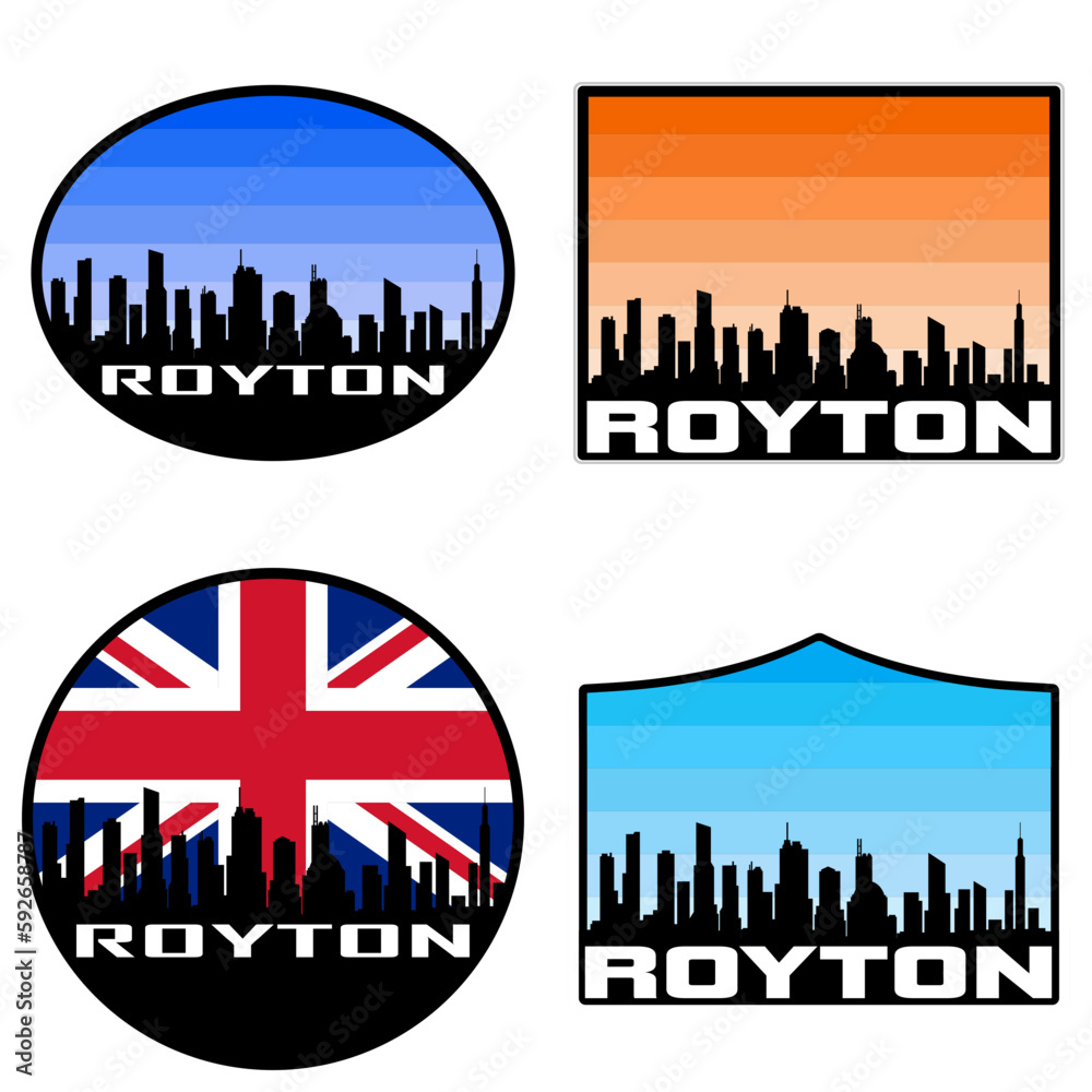Royton Skyline Silhouette Uk Flag Travel Souvenir Sticker Sunset Background Vector Illustration SVG EPS AI