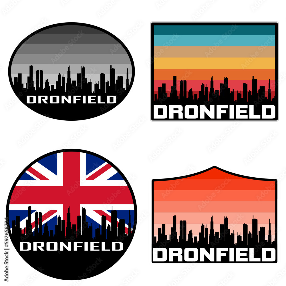 Dronfield Skyline Silhouette Uk Flag Travel Souvenir Sticker Sunset Background Vector Illustration SVG EPS AI