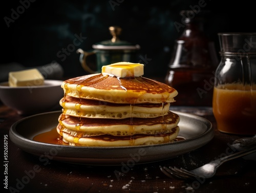 A stack of pancakes with syrup and butter on top