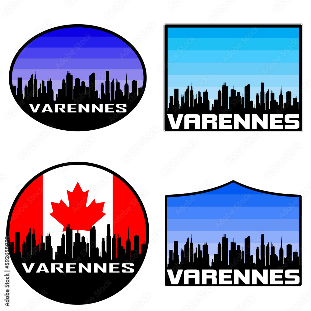 Varennes Skyline Silhouette Canada Flag Travel Souvenir Sticker Sunset Background Vector Illustration SVG EPS AI