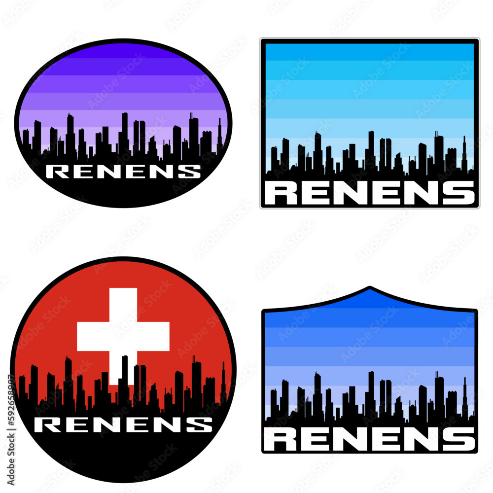 Renens Skyline Silhouette Switzerland Flag Travel Souvenir Sticker Sunset Background Vector Illustration SVG EPS AI