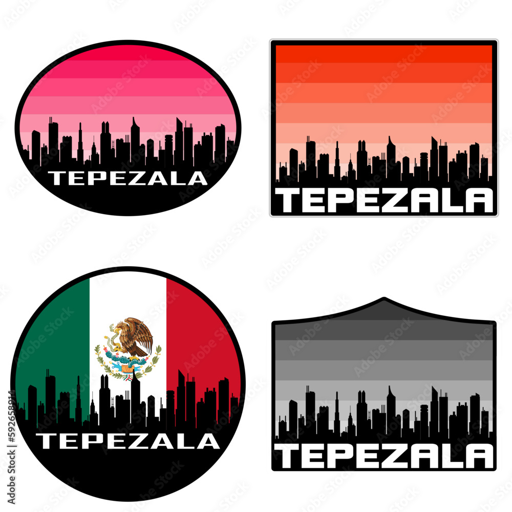 Tepezala Skyline Silhouette Mexico Flag Travel Souvenir Sticker Sunset Background Vector Illustration SVG EPS AI