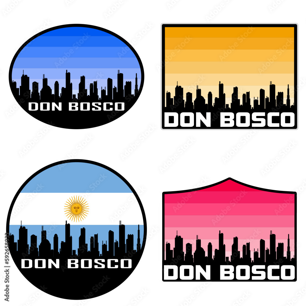 Don Bosco Skyline Silhouette Argentina Flag Travel Souvenir Sticker Sunset Background Vector Illustration SVG EPS AI