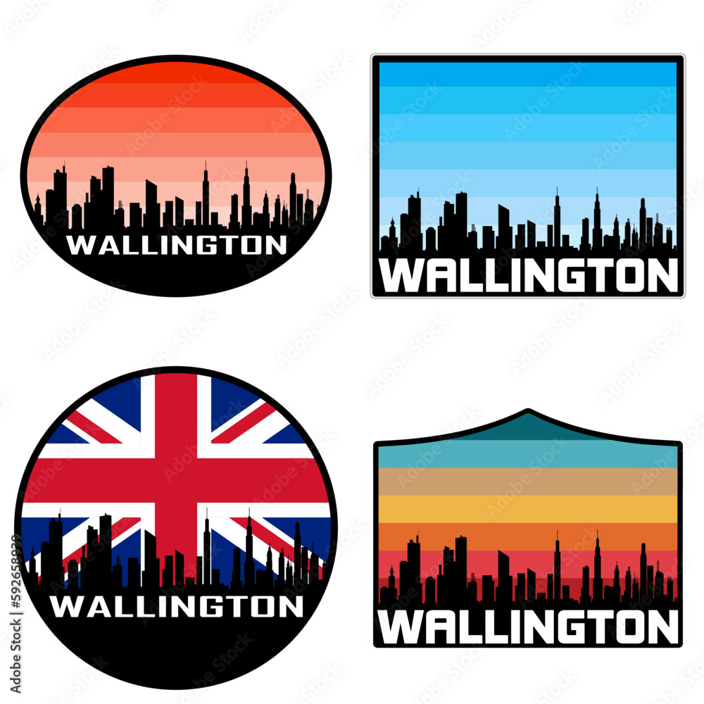 Wallington Skyline Silhouette Uk Flag Travel Souvenir Sticker Sunset Background Vector Illustration SVG EPS AI