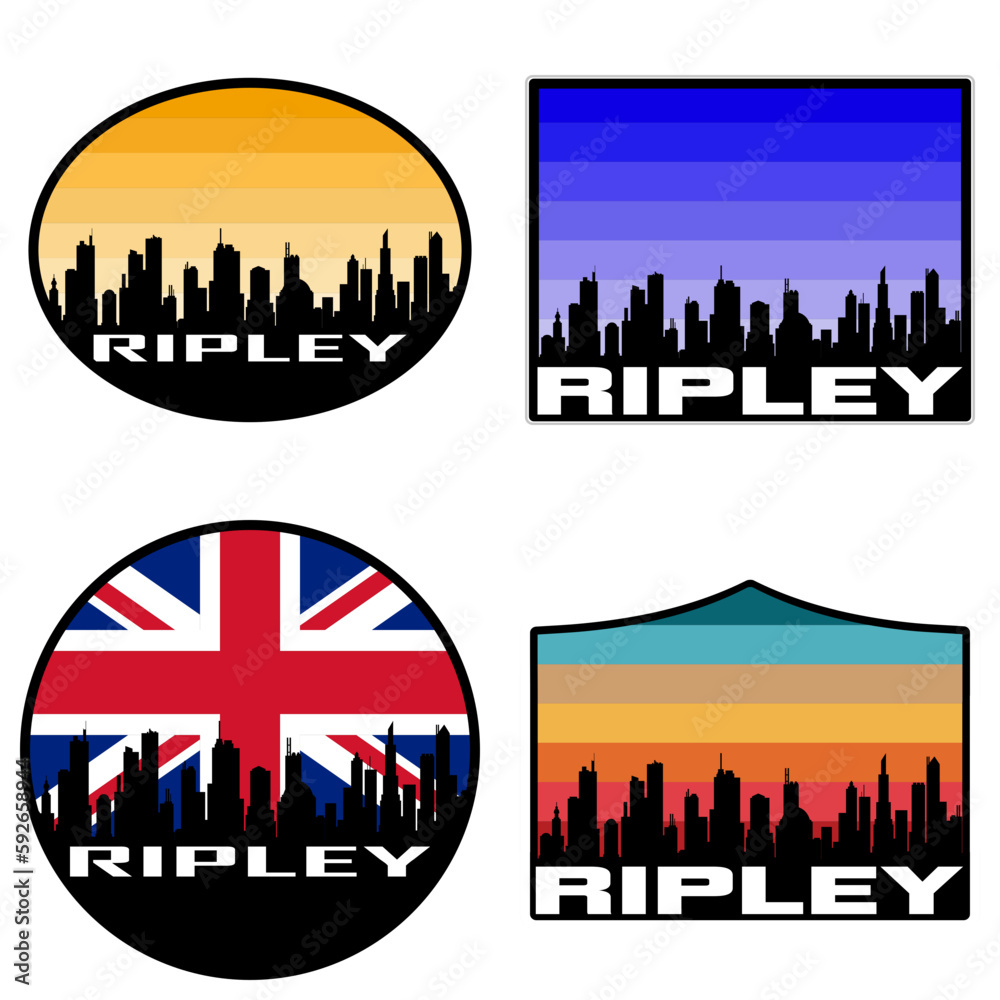 Ripley Skyline Silhouette Uk Flag Travel Souvenir Sticker Sunset Background Vector Illustration SVG EPS AI