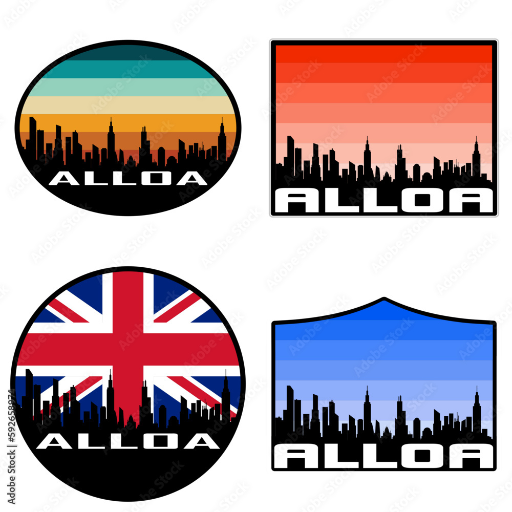 Alloa Skyline Silhouette Uk Flag Travel Souvenir Sticker Sunset Background Vector Illustration SVG EPS AI